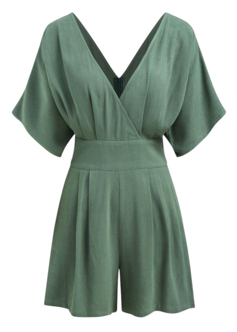 Cider Linen-Blend V-Neck Sage Green Pocket Romper Women's Size 10